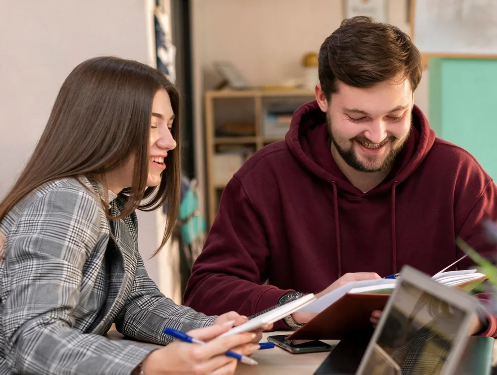 Dos estudiantes repasando apuntes juntos