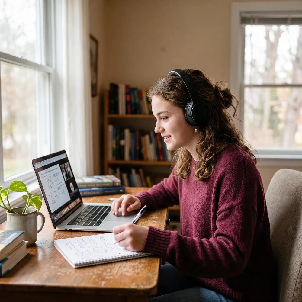 Estudiante con auriculares cursando desde su computadora